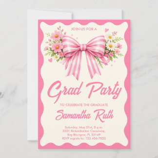 Pink Striped Bows & Ribbons Graduation Party Invitation