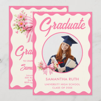 Pink Striped Bows & Ribbons Graduation Photo Invitation