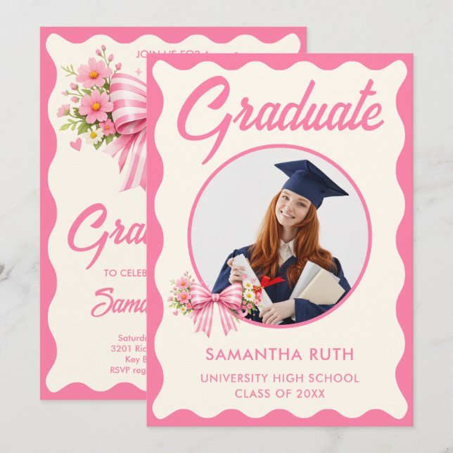 Pink Striped Bows & Ribbons Graduation Photo Invitation (Front/Back)