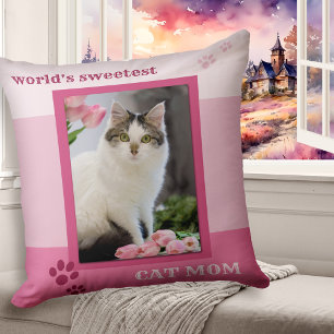 Pink Striped Cat Mum Photo Pillow