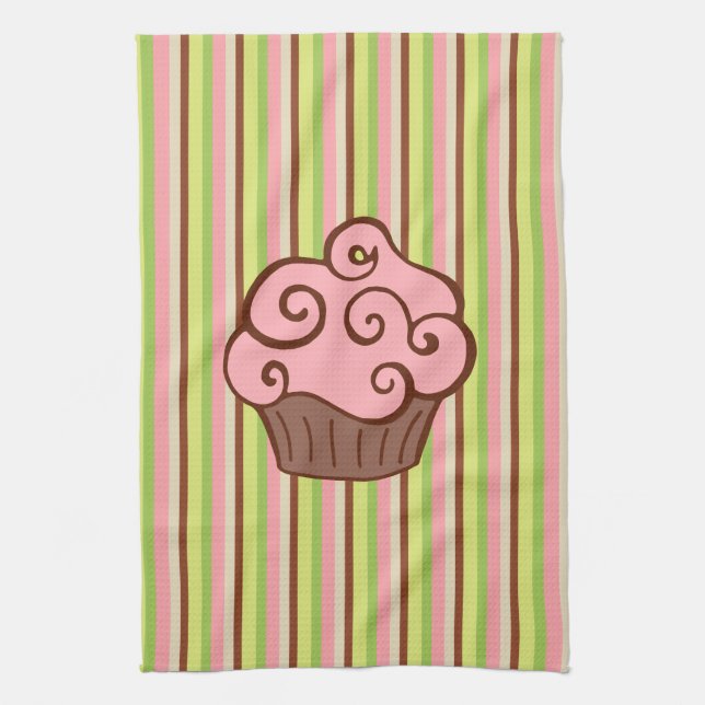 Pink Striped Cupcake Kitchen Towel  (Vertical)