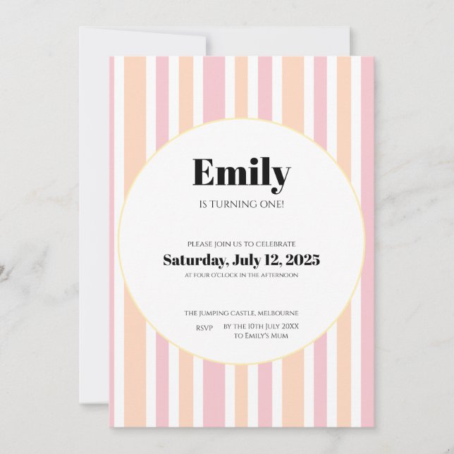 Pink Striped First Birthday Invitation (Front)