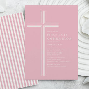 Pink Striped First Communion Invitation