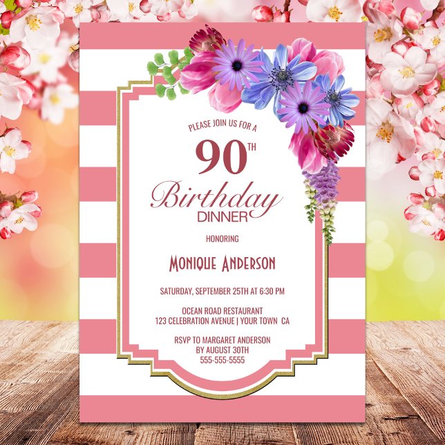 Pink Striped Floral 90th Birthday Dinner Party Invitation (Creator Uploaded)