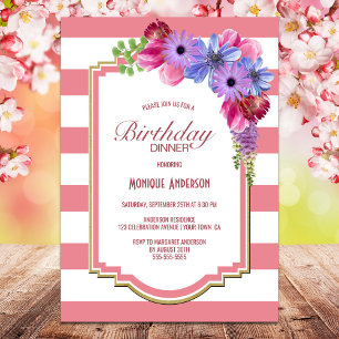Pink Striped Floral Birthday Dinner Party Invitation