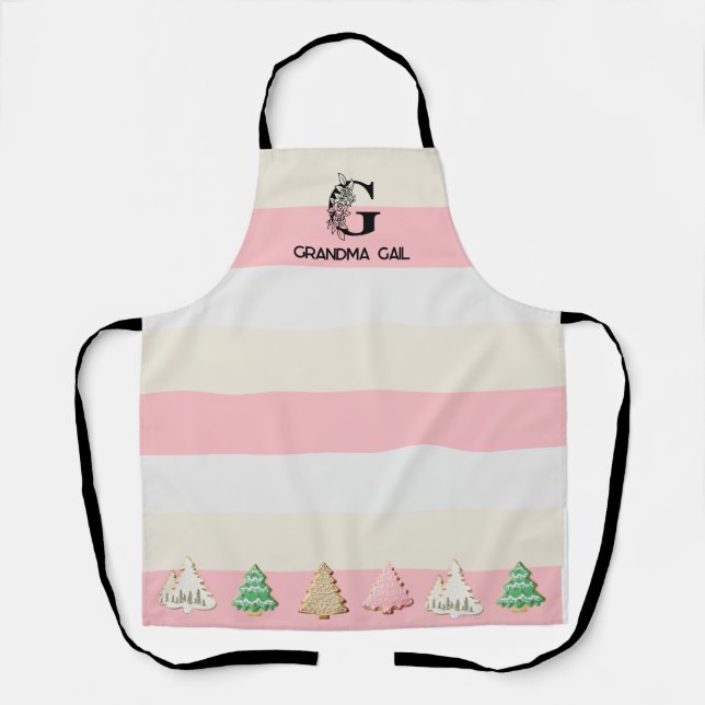 Pink Striped Floral Monogram Christmas Cookie Apron (Front)