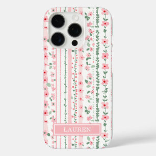 Pink Striped Floral Personalised iPhone 16 Pro Case