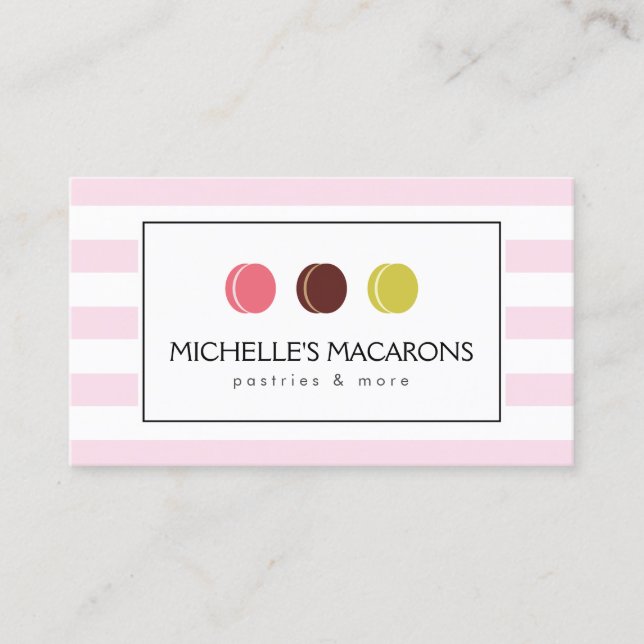 Pink Striped French Macaron Trio Logo for Bakery Business Card (Front)