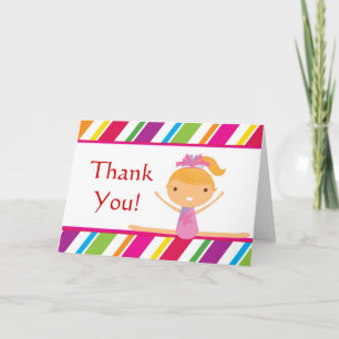 Pink Striped Girl Gymnast Birthday Party Thank You