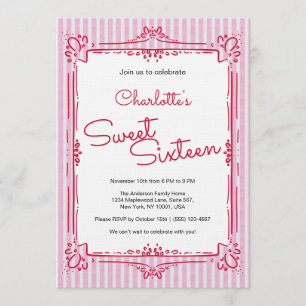 Pink Striped Glam Princess Sweet 16 Party Invitation