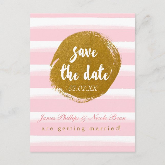 Pink Striped & Gold Foil Save The Date Postcard (Front)