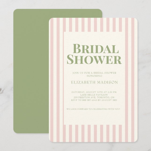 Pink Striped Green Retro Bridal Shower Invitation (Front/Back)