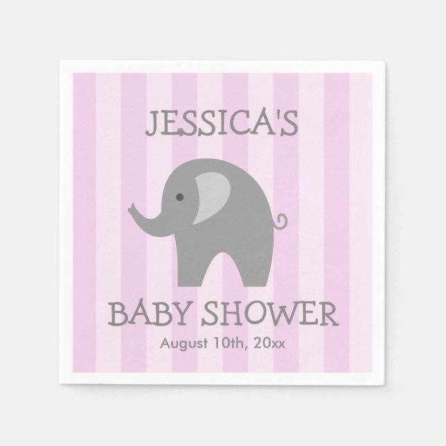 Pink striped grey elephant baby shower napkins (Front)