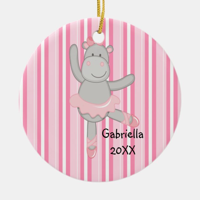 Pink Striped Hippo Ballerina Christmas Ornament (Front)
