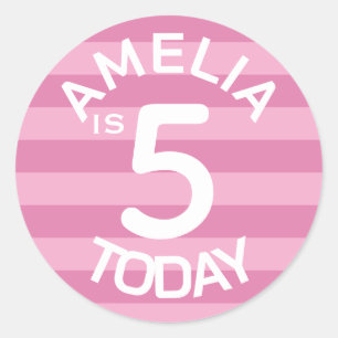 Pink Striped Kids Custom Fifth Birthday Age Classic Round Sticker