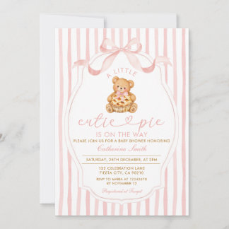 Pink Striped Little Cutie Pie Bear Baby Shower Invitation