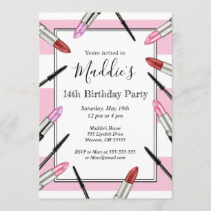 Pink Striped Makeup Themed Party Invitation