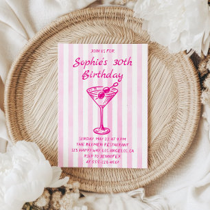 Pink Striped Martini 30th Birthday – Chic Adult Invitation