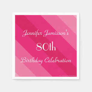 Pink Striped, Name, 80th Birthday Party Paper Napkin
