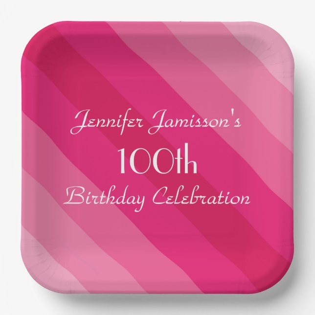 Pink Striped Paper Plates, 100th Birthday Party Paper Plate (Front)