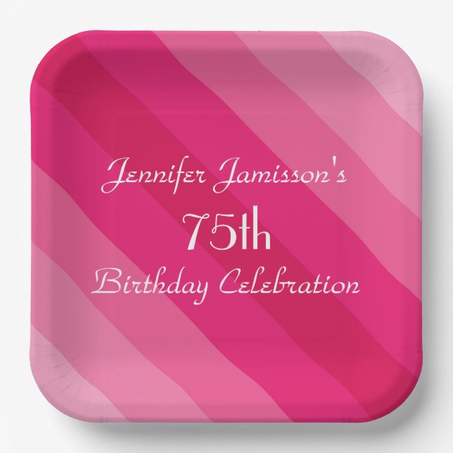 Pink Striped Paper Plates, 75th Birthday Party Plate (Front)