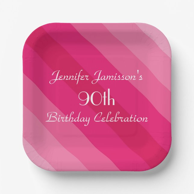 Pink Striped Paper Plates, 90th Birthday Party Paper Plate (Front)