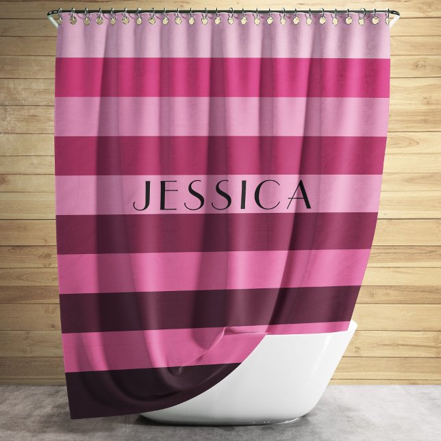 Pink Striped Pattern Personalised Name Shower Curtain (Modern Pink Striped Pattern Shower Curtain)