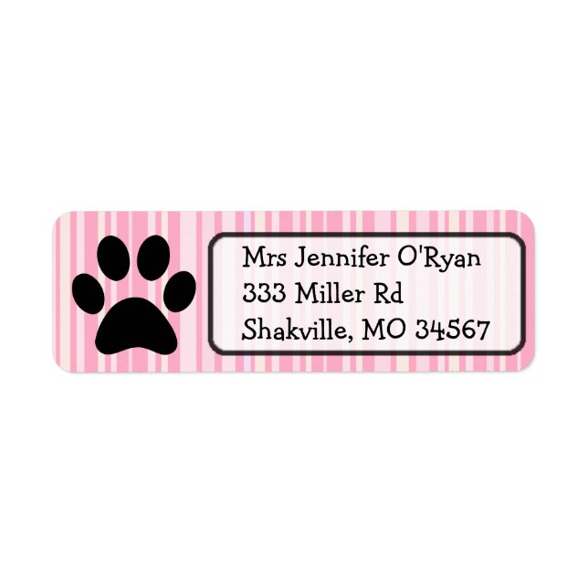 Pink Striped Paw Print Return Address Label (Front)