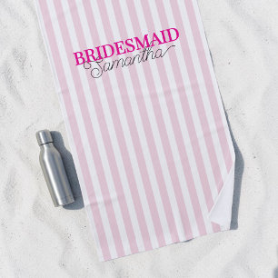 Pink Striped Personalised Script Name Bridesmaid Beach Towel