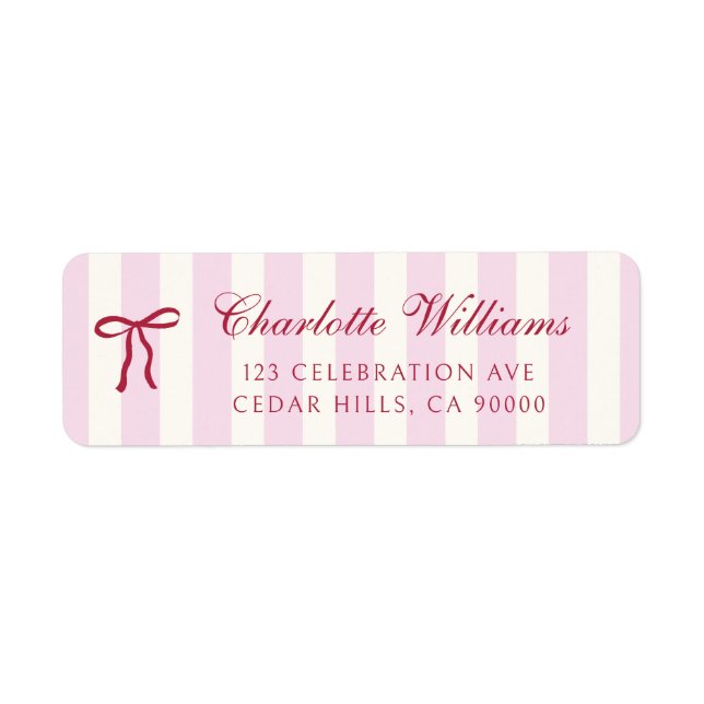 Pink Striped Preppy Bow Bridal Shower Return Address Label (Front)