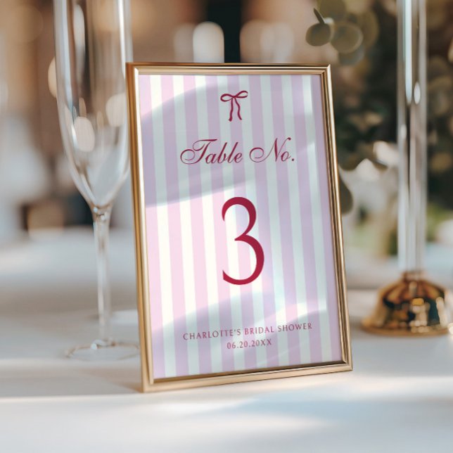 Pink Striped Preppy Bow Bridal Shower Table Number (Creator Uploaded)
