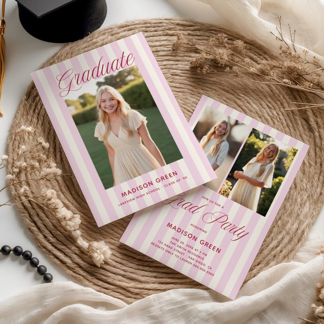 Pink Striped Preppy Graduation Invitation (Creator Uploaded)