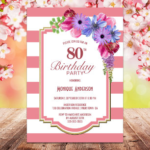 Pink Striped Spring Floral 80th Birthday Invitation