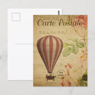Pink Striped Steampunk Hot Air Balloon Postcard