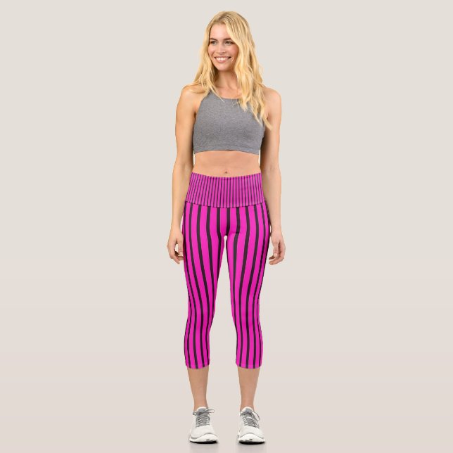 Pink Striped texture Capri Leggings (Front)
