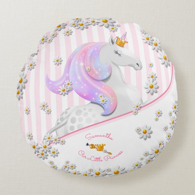 Pink Striped Unicorn Princess Nursery Round Cushion (Front)