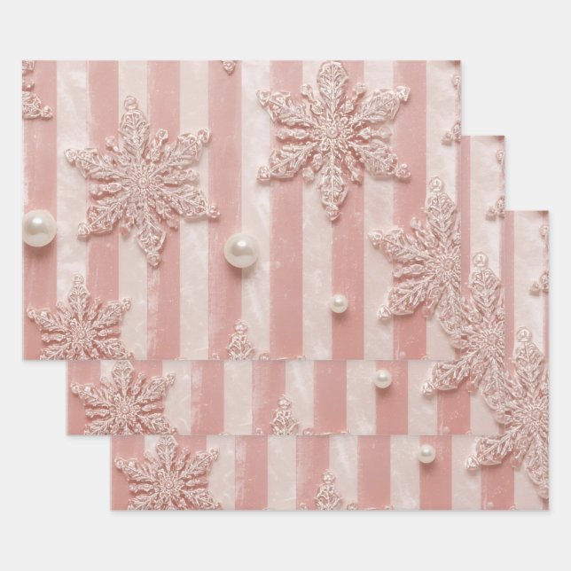 Pink Striped Velvet Snowflake  Wrapping Paper Sheet (Set)
