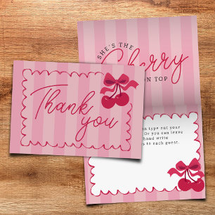 Pink Striped Vintage Cherry Baby Shower Flat Thank You Card