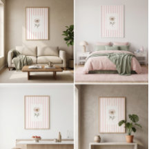 Pink Striped Wall Art Print with Watercolor Rose