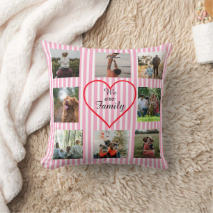 Pink Striped We Are Family 8 Photo Collage Cushion