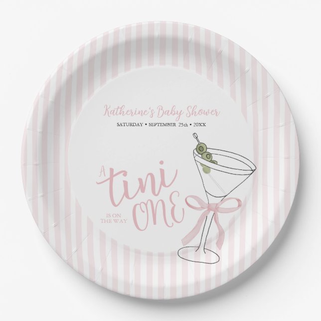 Pink Stripes A Tini One is On They Way  Paper Plate (Front)