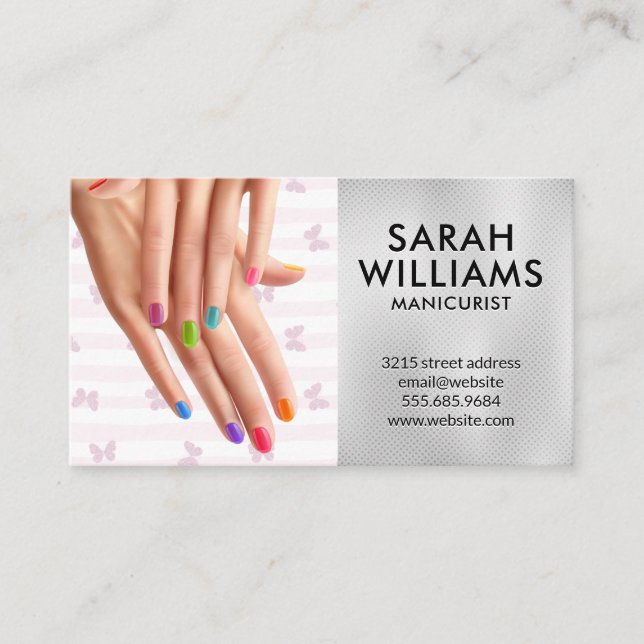 Pink Stripes and Butterflies | Manicured Hands Business Card (Front)