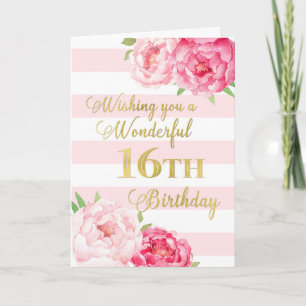 Pink Stripes and Flowers Happy 16th Birthday Card