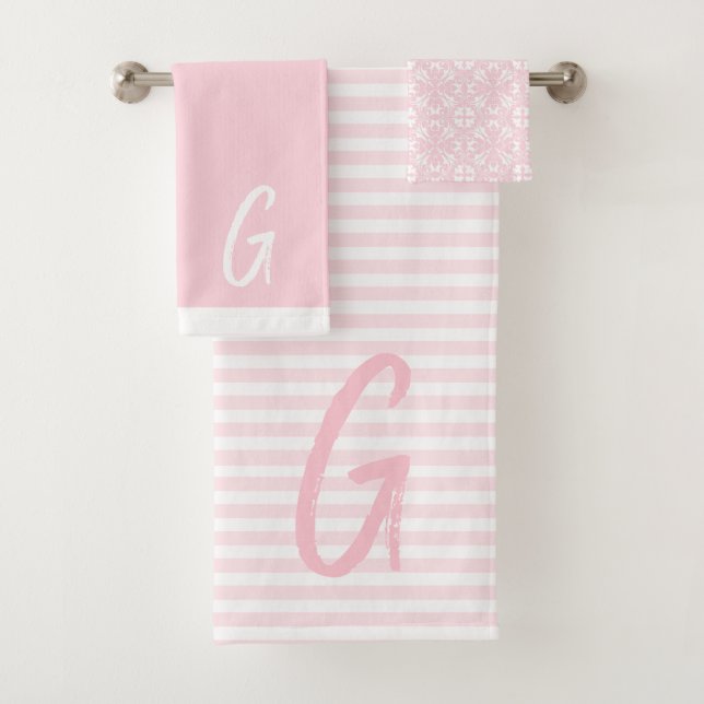 Pink Stripes and Monogram Bath Towel Set (Insitu)