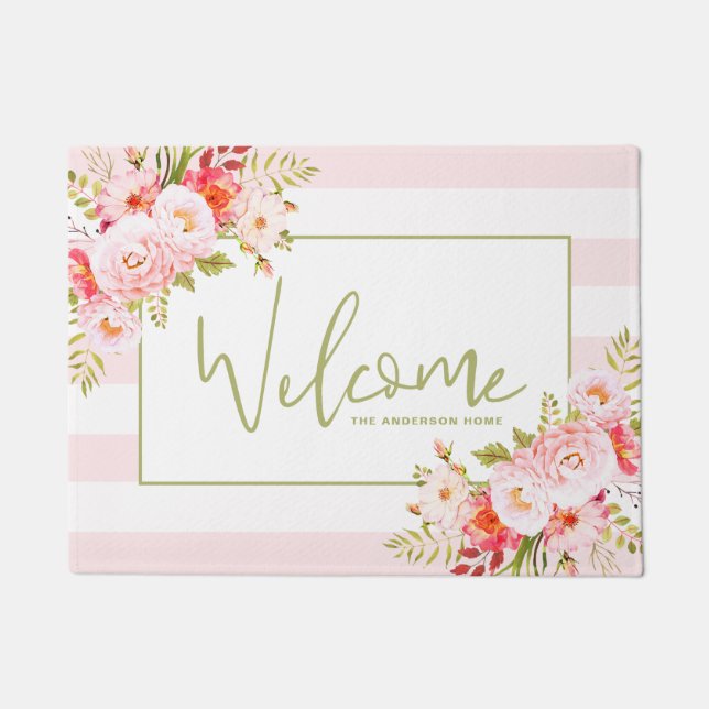 Pink Stripes and Peonies Floral Welcome Doormat (Front)