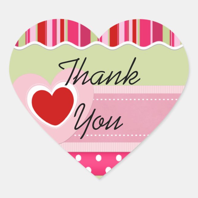 Pink Stripes and Polka Dot Heart Thank You Sticker (Front)