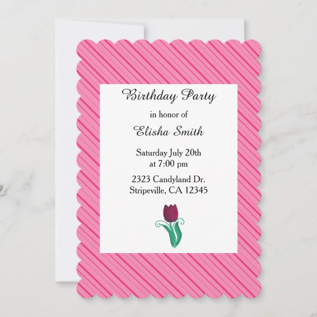 Pink Stripes and Tulip Birthday Invitation (Front)