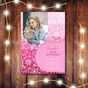 Pink Stripes Arch Photo Floral Birthday  Invitation