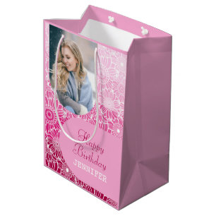 Pink Stripes Arch Photo Floral Birthday  Medium Gift Bag