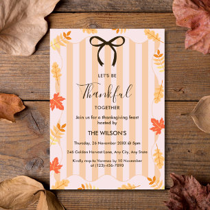 Pink Stripes Autumn Leaves Thanksgiving Dinner Invitation